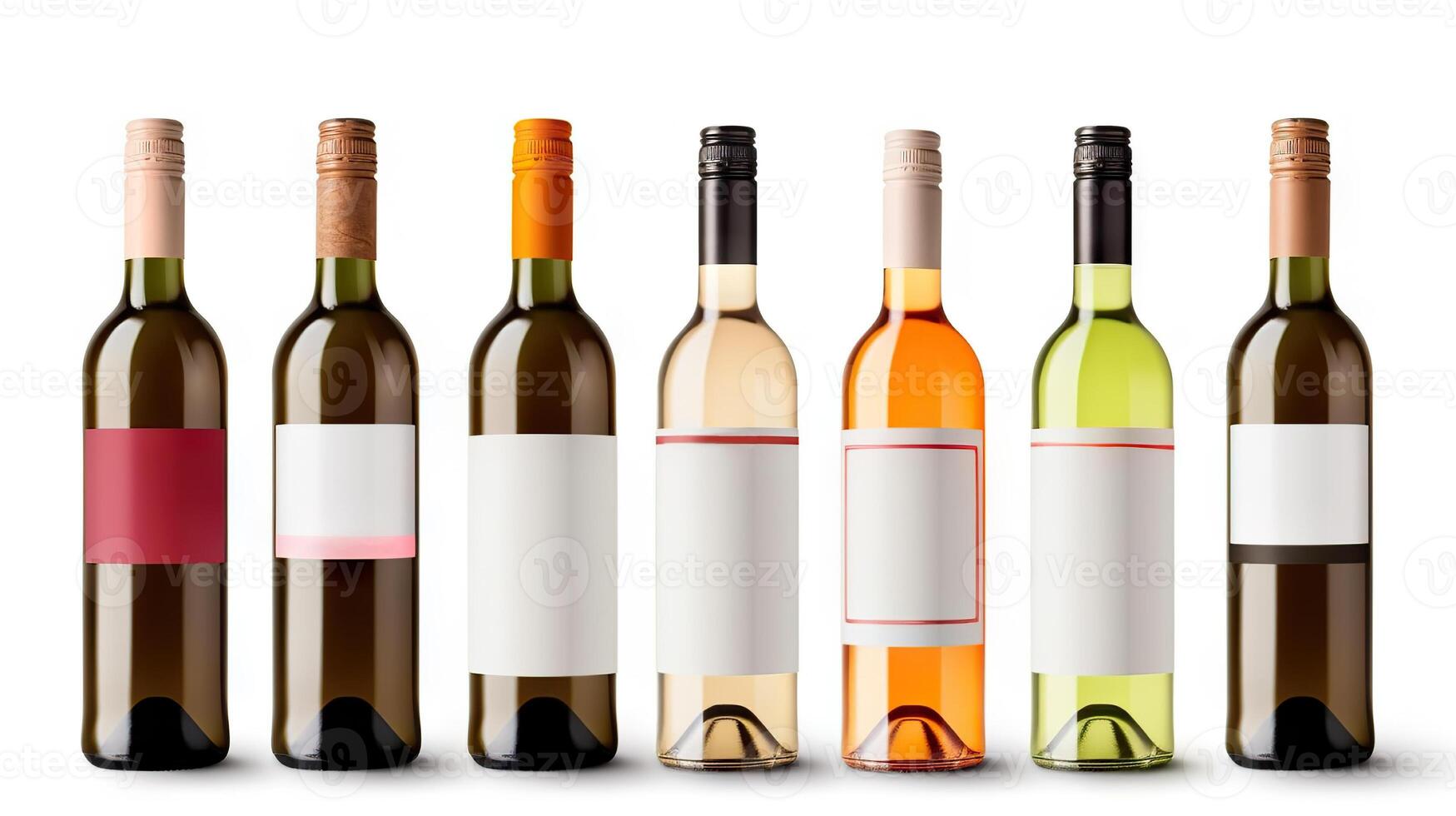 AI generated Collection of blank wine bottles mockup on white background for product branding and advertising. created with Generative AI photo