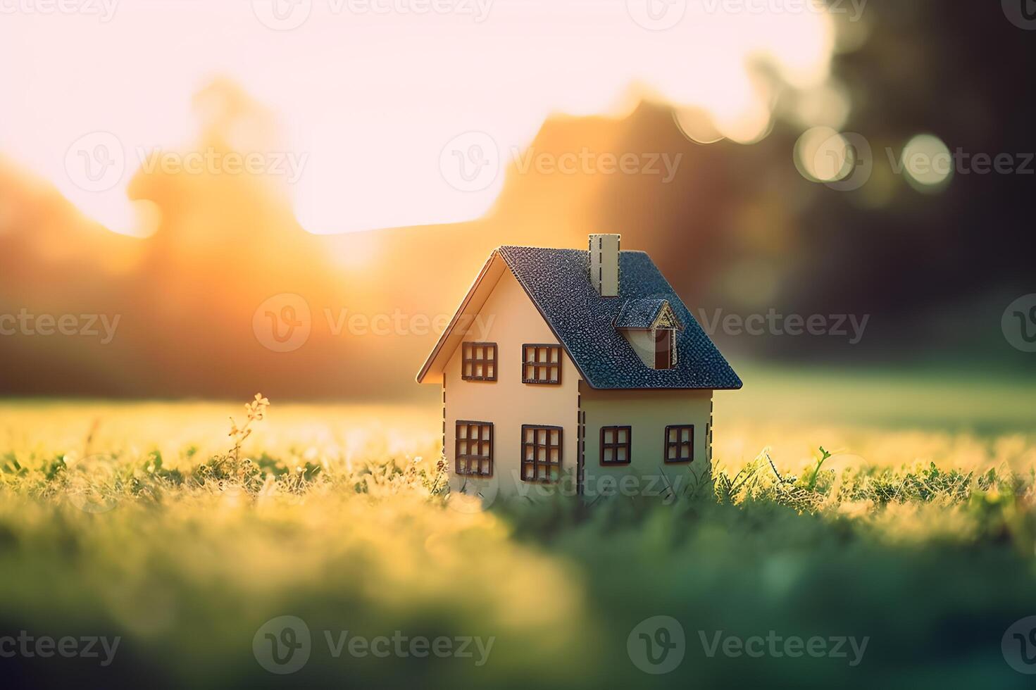 AI generated Life and Home Concept Miniature Model House on Green Grass with Sunlight Abstract Background. created with Generative AI photo