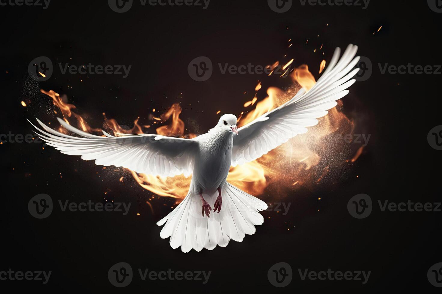 AI generated Flying White Dove with Fiery Glow on a Dark Background, Embodying Peace and the Gifts of the Holy Spirit. created with Generative AI photo