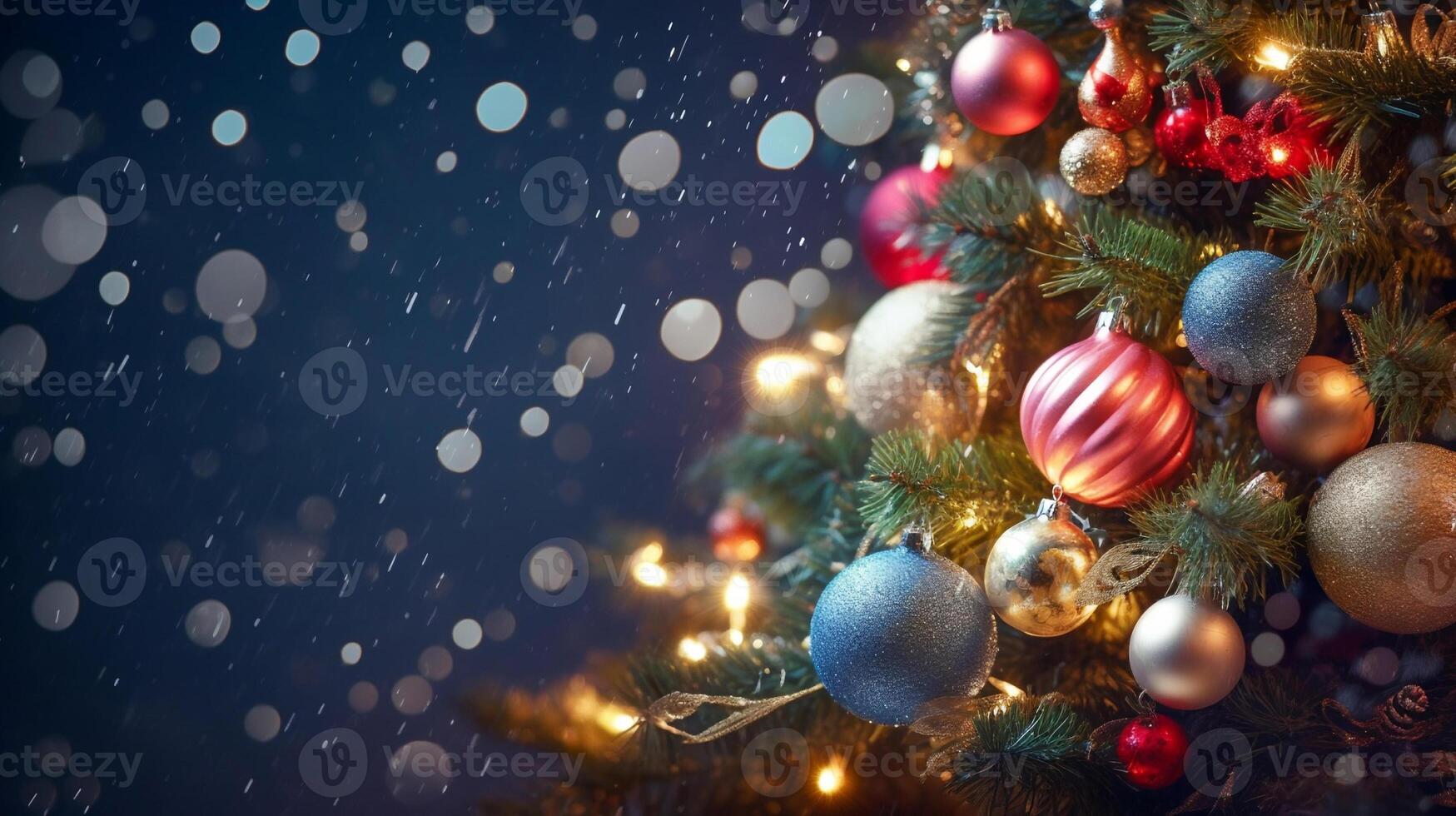 ai generado borroso brillante luces y adornos adornando Navidad árbol con bokeh efecto. creado con generativo ai foto