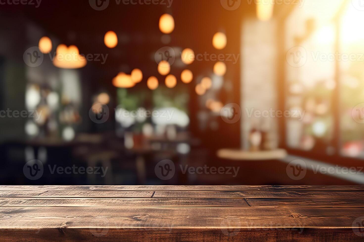 AI generated Vintage coffee shop interior with empty wooden table and blurred bokeh background. created with Generative AI photo