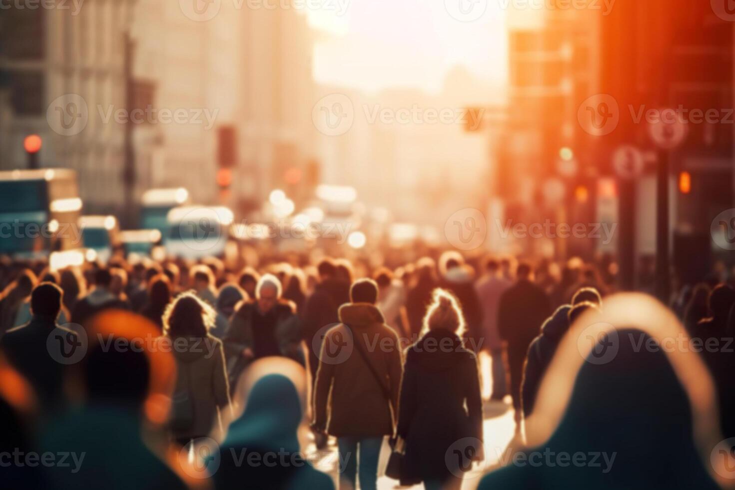 AI generated Dynamic Urban Life Blurred Crowd in Fast-Moving City Streets with Soft Bokeh. created with Generative AI photo