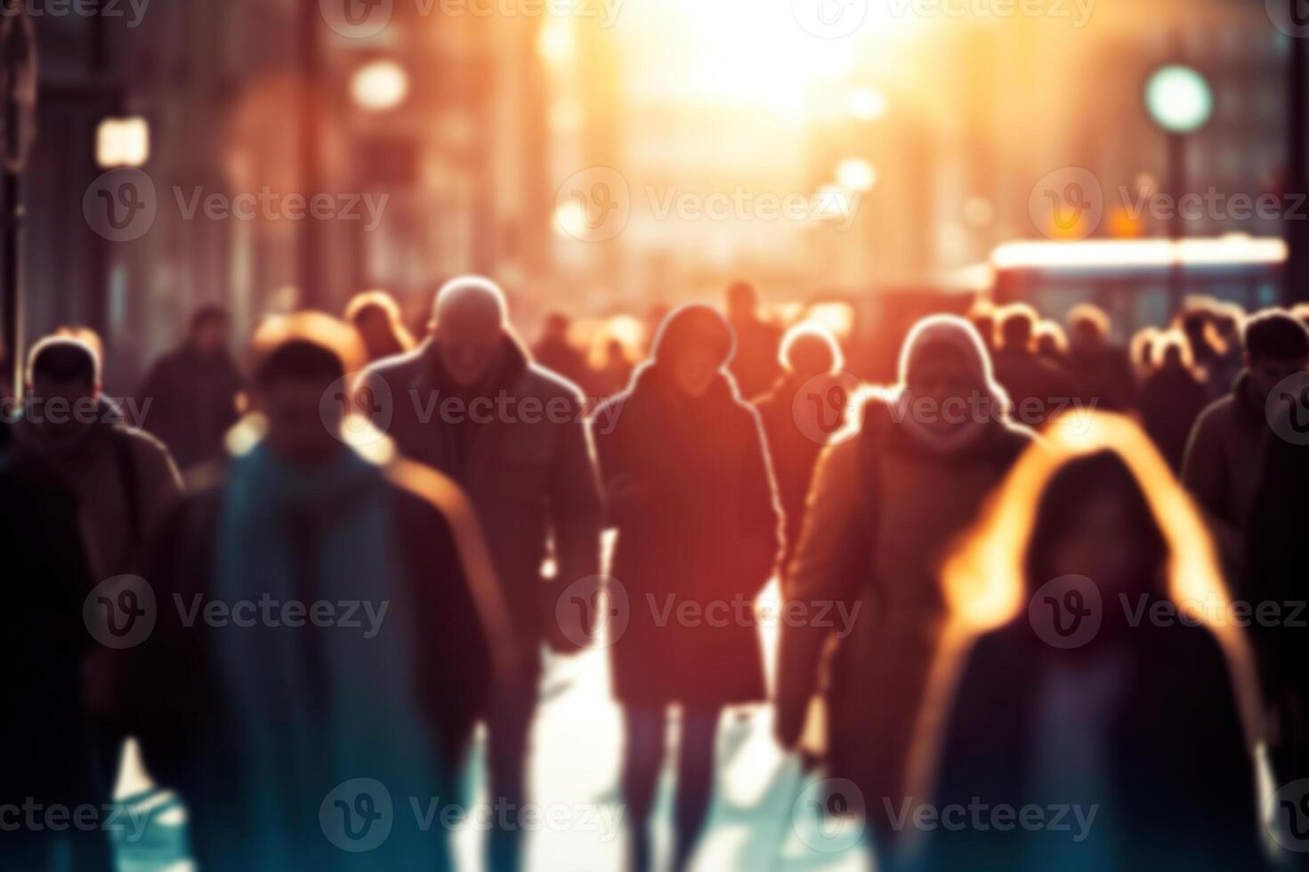 AI generated Dynamic Urban Life Blurred Crowd in Fast-Moving City Streets with Soft Bokeh. created with Generative AI photo