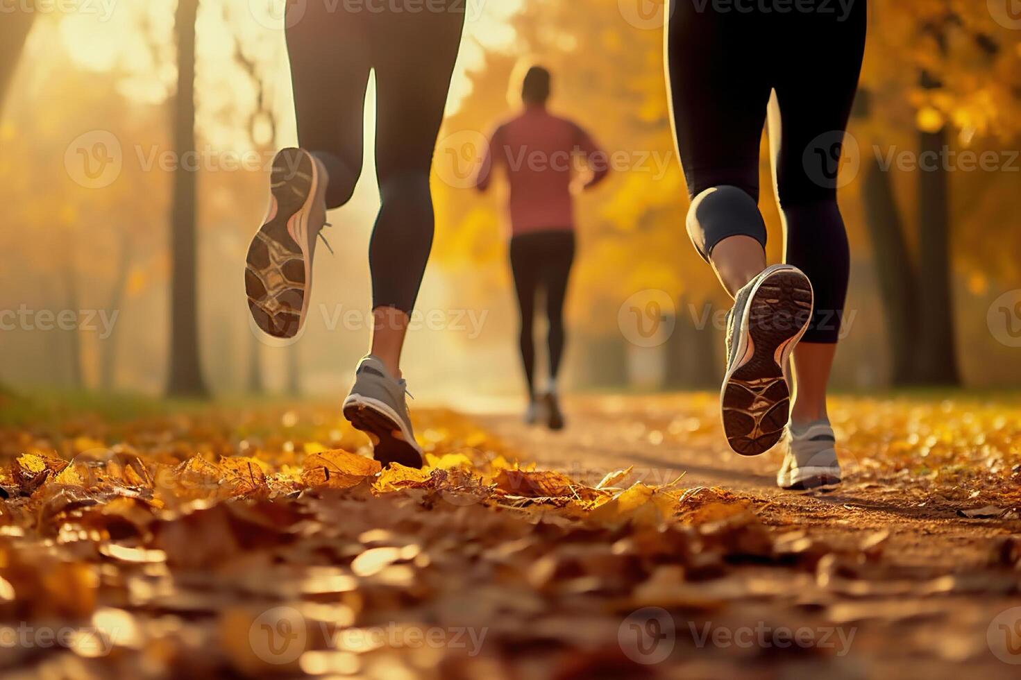 AI generated Autumn Morning Run Close-Up of Two Runners' Legs in the Park. created with Generative AI photo