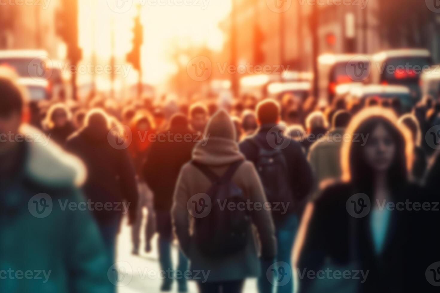 AI generated Dynamic Urban Life Blurred Crowd in Fast-Moving City Streets with Soft Bokeh. created with Generative AI photo