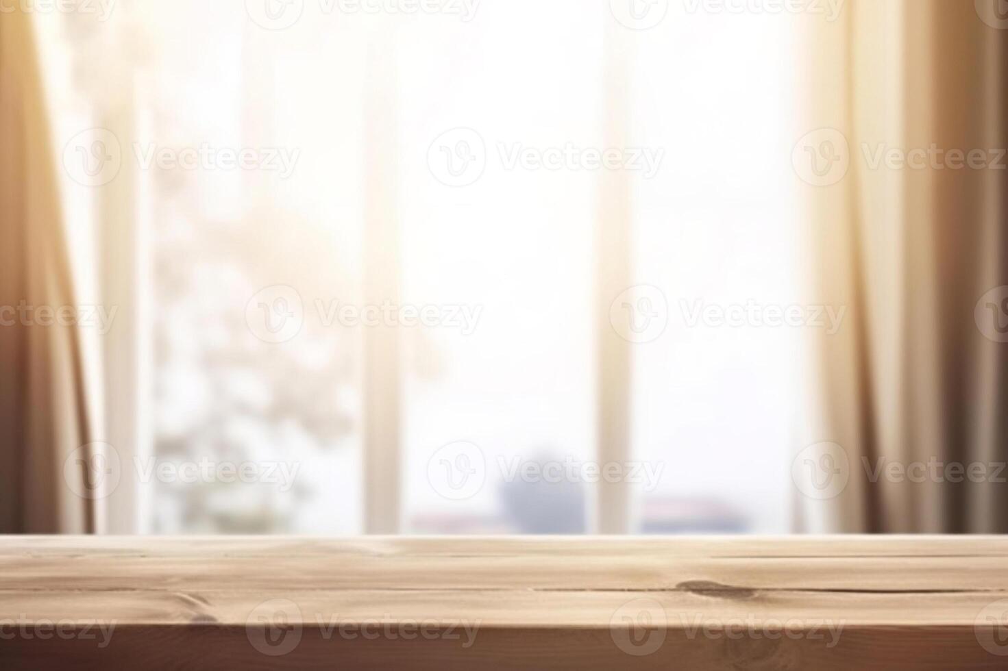 AI generated Minimalist Wooden Table in front of Blurred Window with Curtain. created with Generative AI photo
