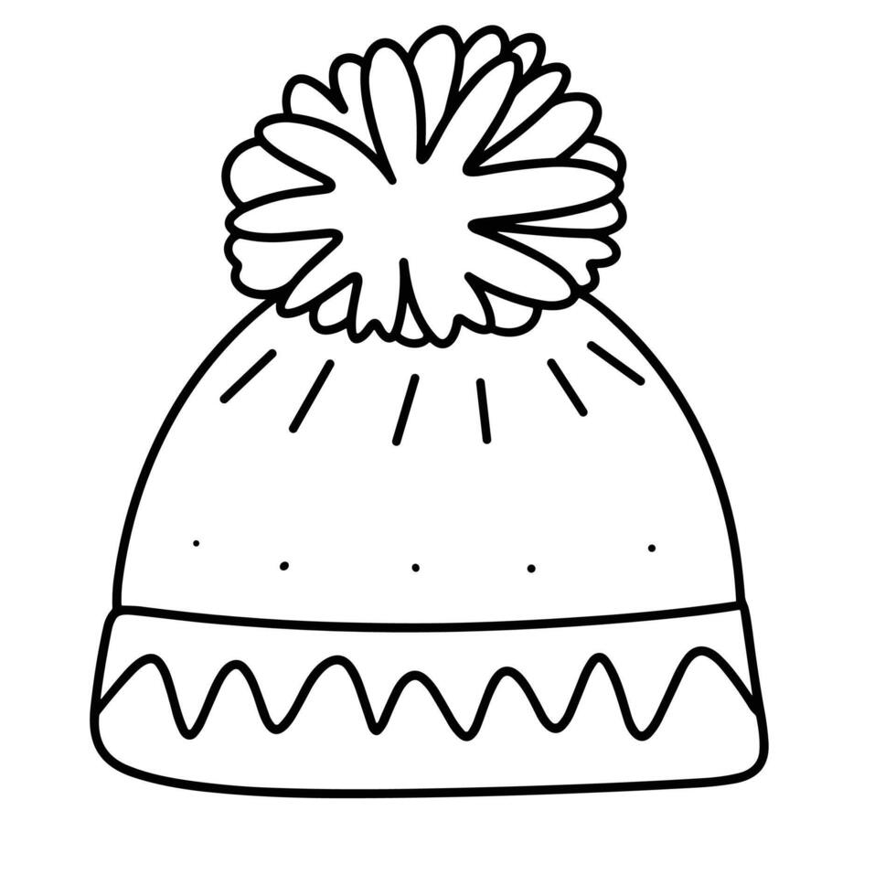 Outline warm hat in doodle style isolated on white background. Hand drawn vector art