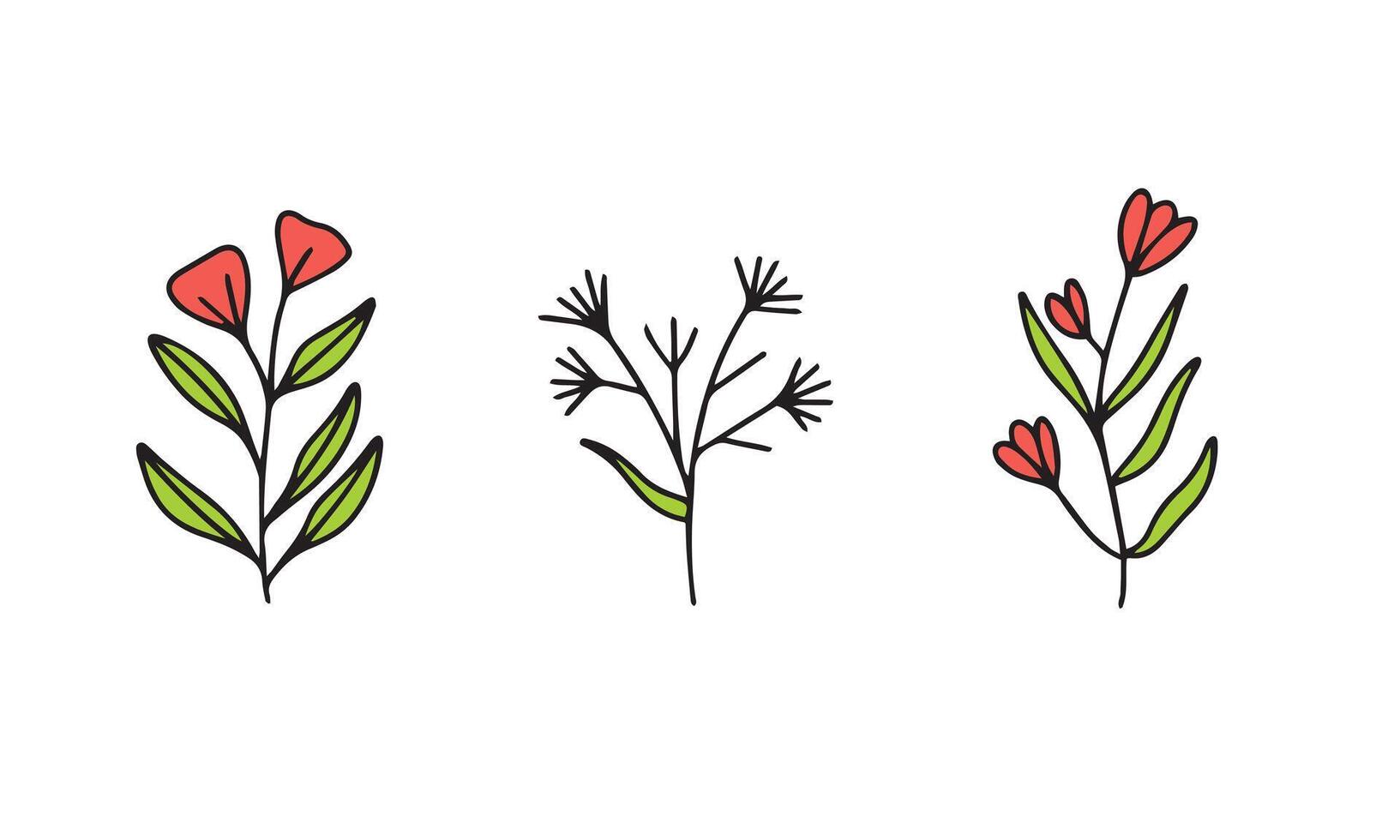 Set of hand drawn floral element in colored outline style. Doodle flowers isolated on white background. Hand drawn vector art.