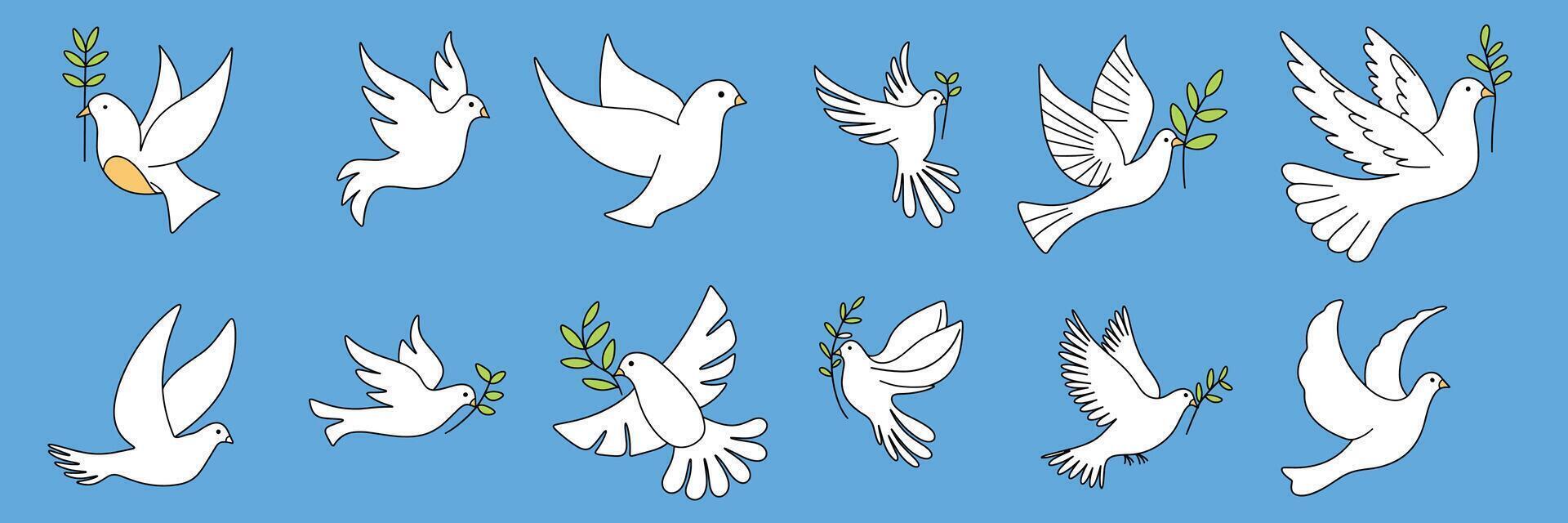 Set of Doves of peace outline in doodle style isolated on background. Hand drawn vector art.