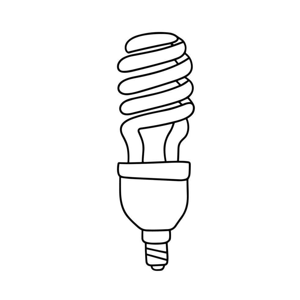 Fluorescent bulb in doodle style. Outline light bulb isolated on white background. Hand drawn vector art.
