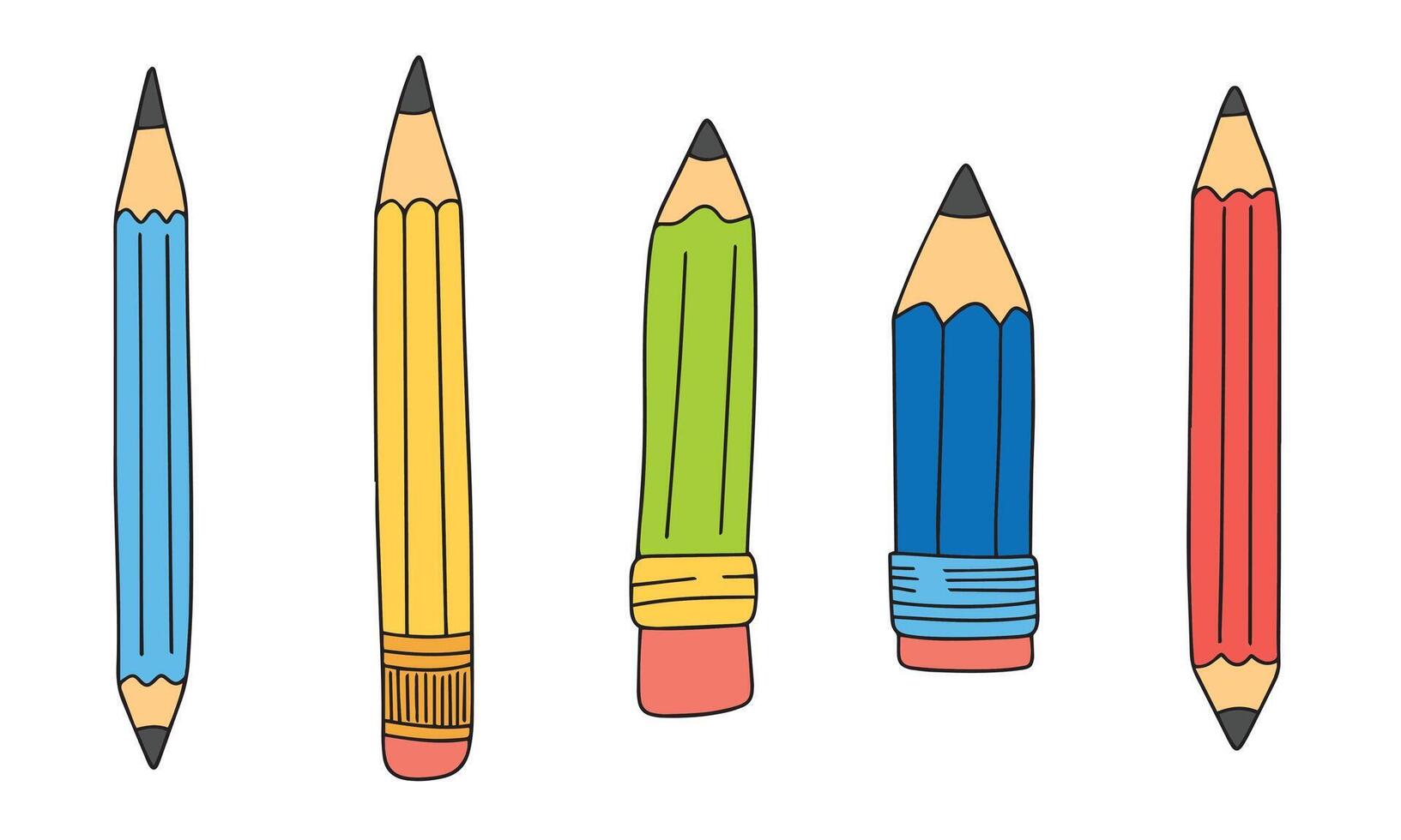 Collection of hand drawn pencil colored outline. Set of pencil in doodle style. Hand drawn vector art.