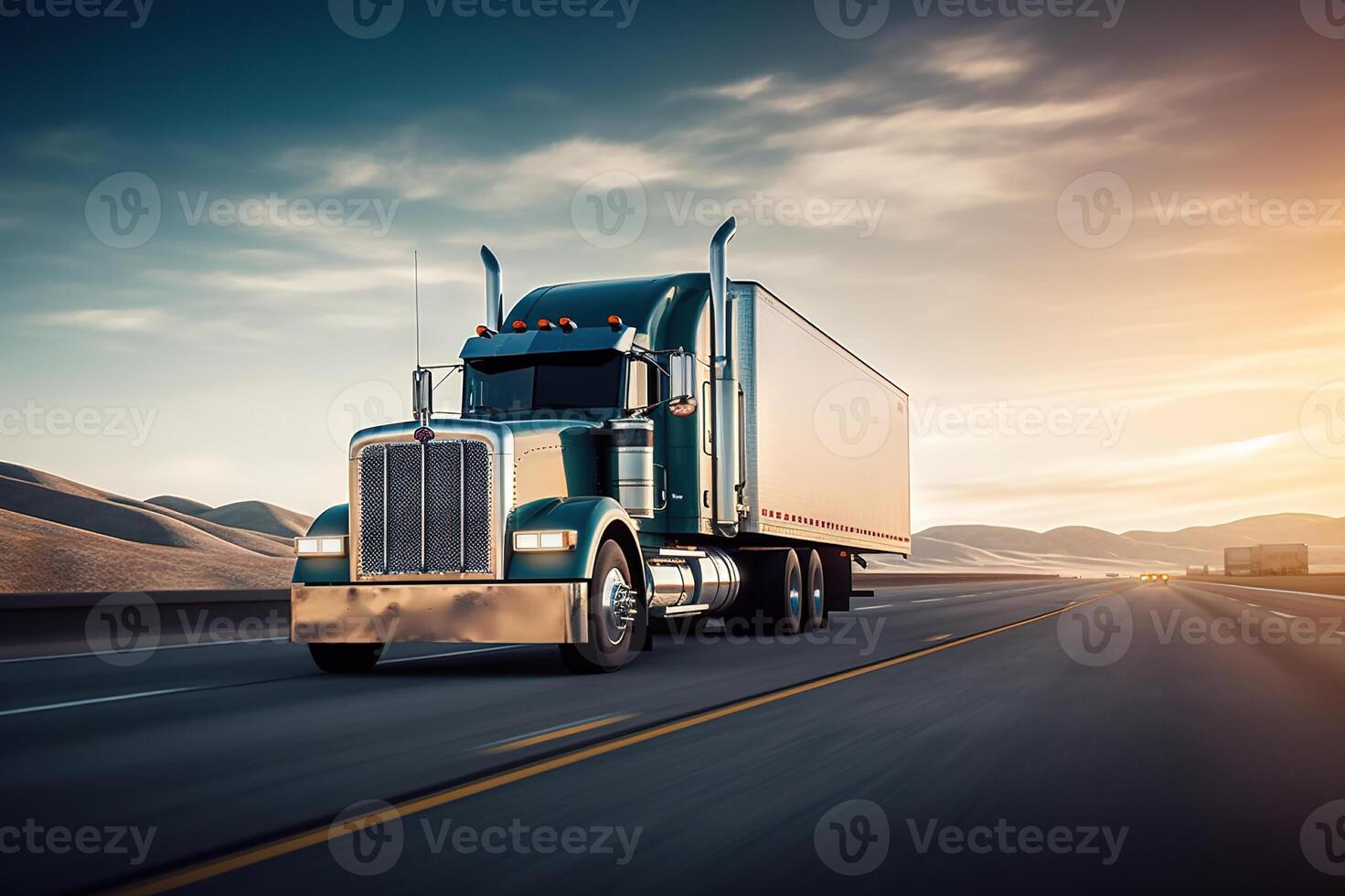 AI generated American-Style Truck Pulling a Load on the Highway. created with Generative AI photo