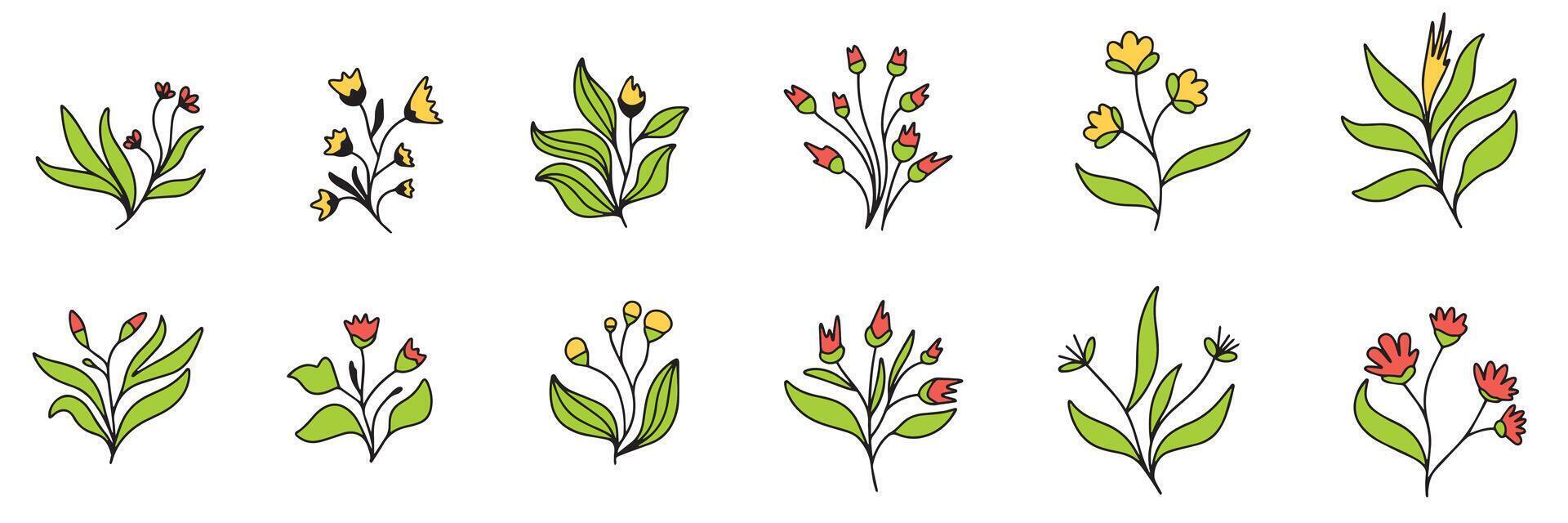 Collection of hand drawn flowers colored outline. Set of flower in doodle style. Hand drawn vector art.