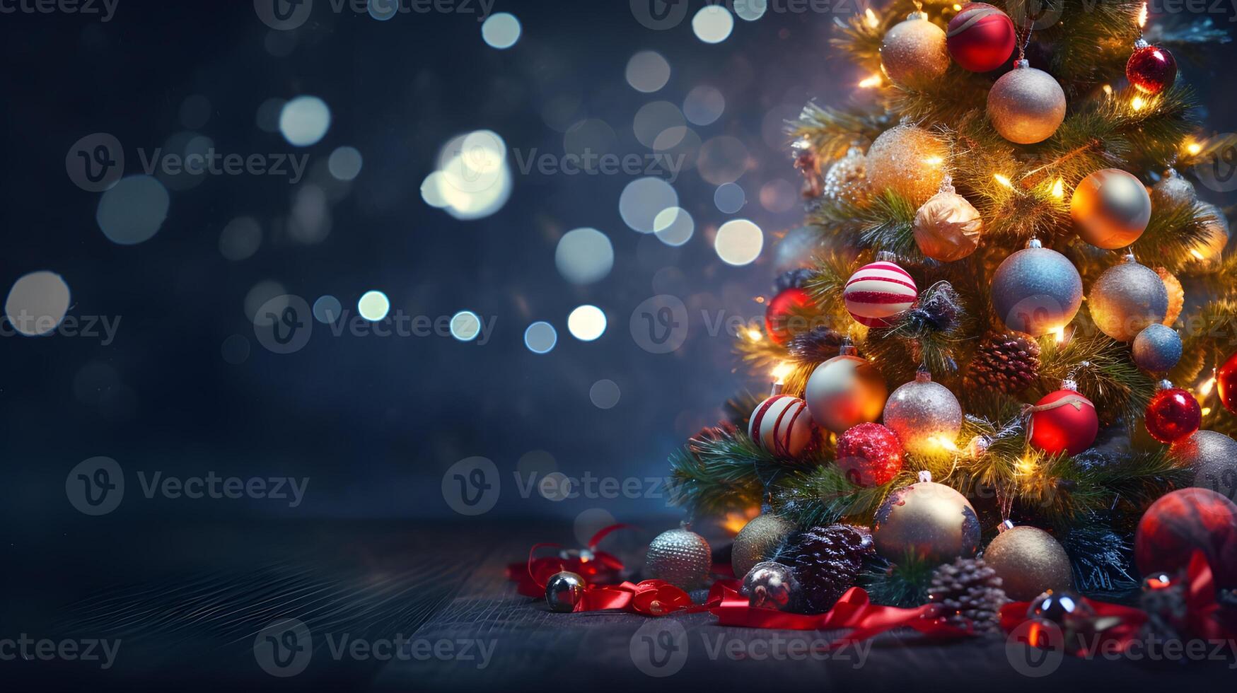 AI generated Blurred Shiny Lights and Baubles Adorning Christmas Tree with Bokeh Effect. created with Generative AI photo