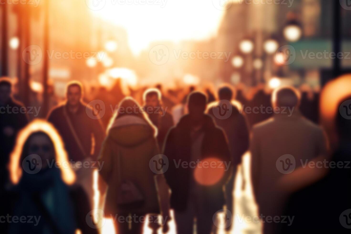 AI generated Dynamic Urban Life Blurred Crowd in Fast-Moving City Streets with Soft Bokeh. created with Generative AI photo