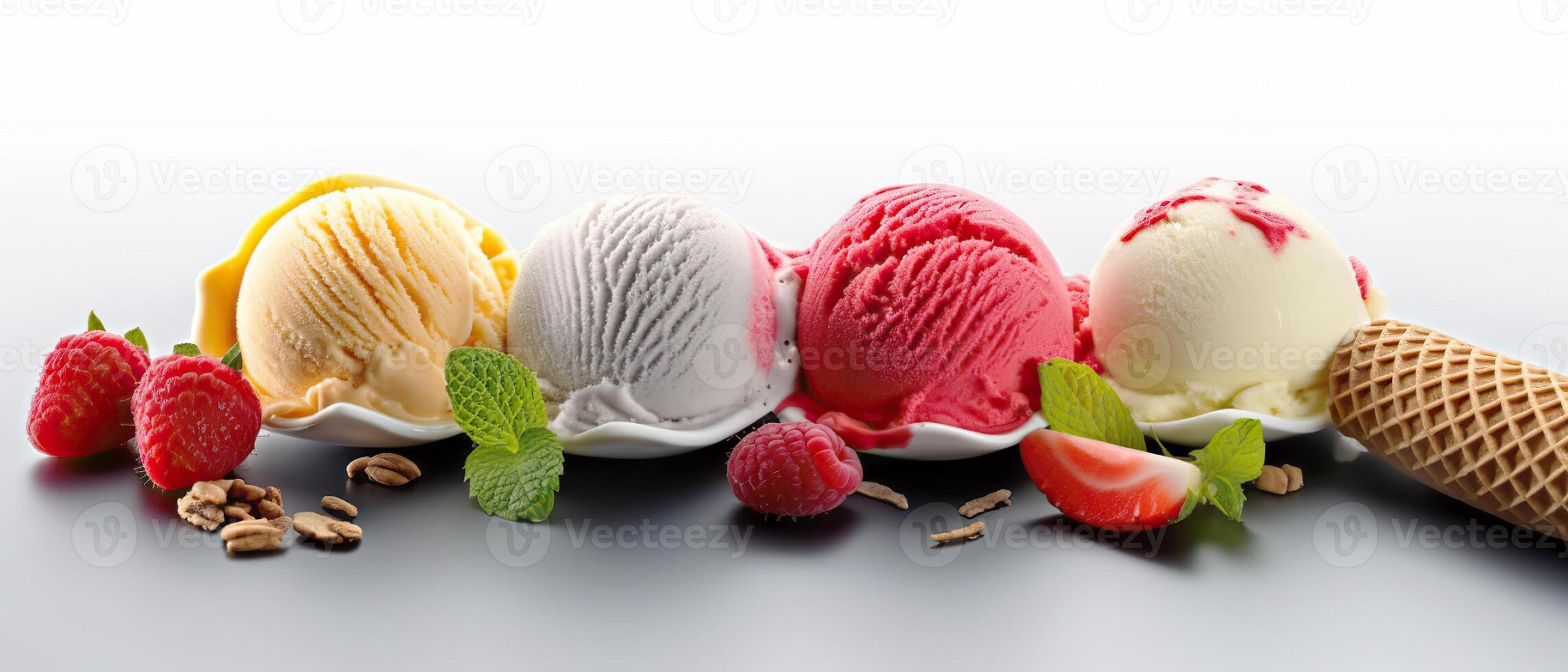 AI generated Assorted Ice Cream Scoops in a Set, Delicious Sweet Treats Isolated on White Background. created with Generative AI photo