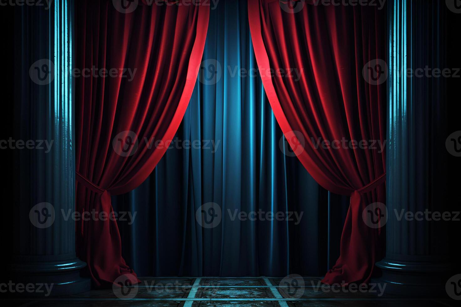 AI generated Grand Entrance Red and blue Stage Curtain with Archway. created with Generative AI photo