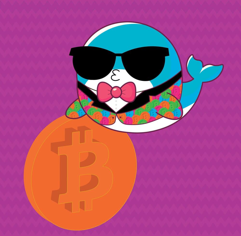 bitcoin ballena, emociones ilustración, dibujos animados, gestos, emojis, linda ballena con traje, empresario, para antecedentes vector