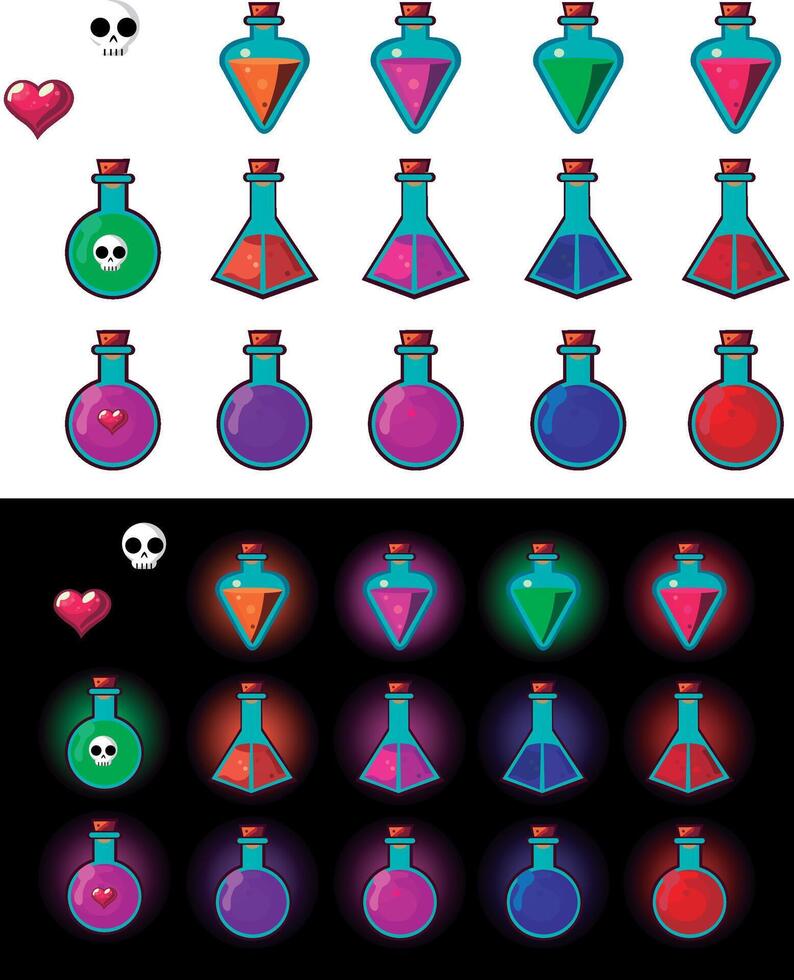 íconos para juegos hp pociones diputado, maná, veneno botella y varios pociones , varios icono ilustraciones Listo para en línea o desconectado juegos vector