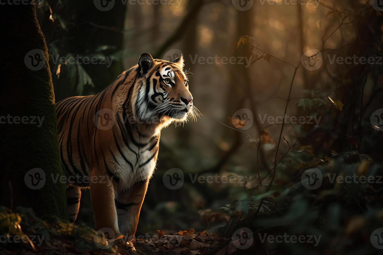 AI generated Majestic tiger standing still in the forest. created with Generative AI photo