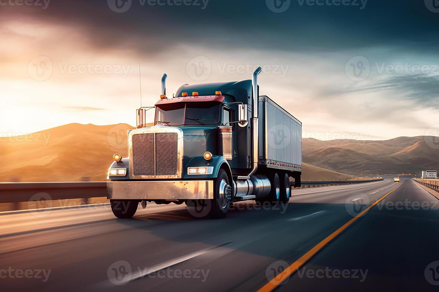 AI generated American-Style Truck Pulling a Load on the Highway. created with Generative AI photo