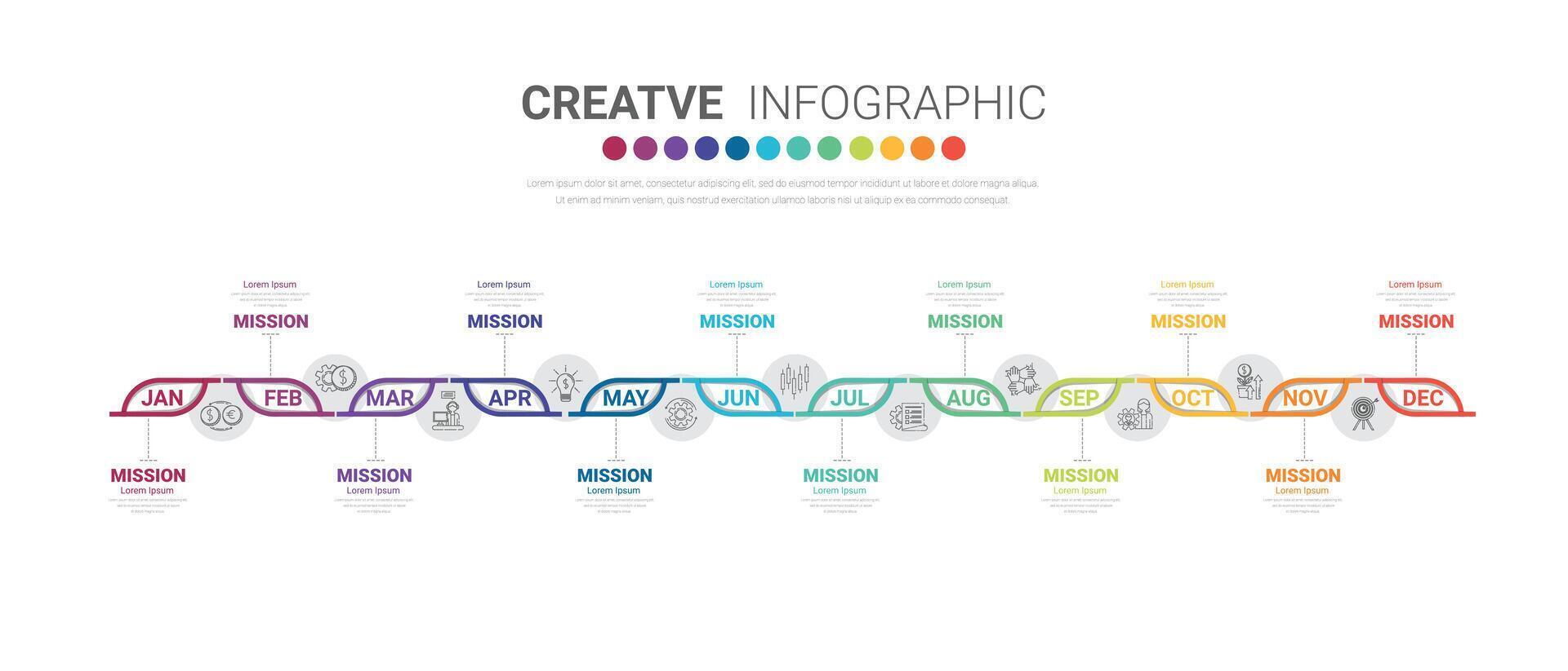 Timeline for 1 year, 12 months, infographics all month planner design and Presentation business can be used for workflow, process diagram, flow chart. vector