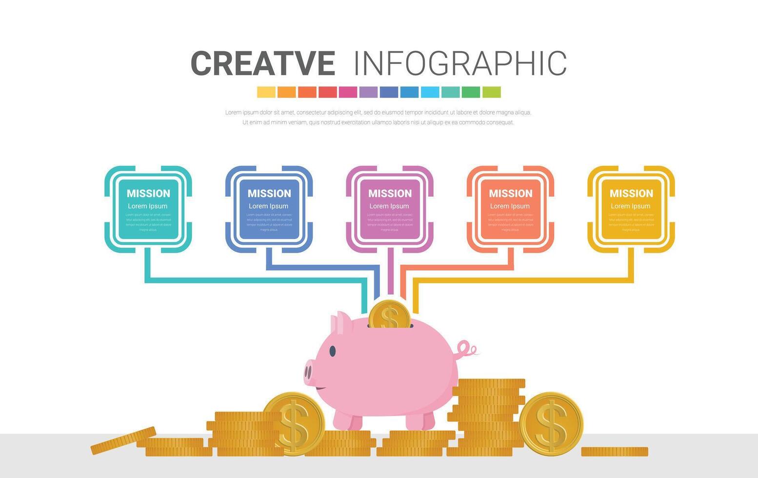 Infographics for Keep and accumulate cash savings, Piggy bank with gold coins, 5 step Safe finance investment and financial services. vector