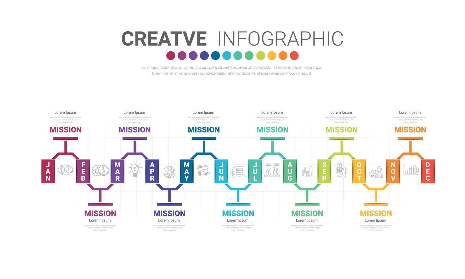 La presentación de la línea de tiempo durante 12 meses, 1 año, el vector de diseño de infografías de la línea de tiempo y el negocio de presentación se pueden utilizar para el concepto de negocio con 12 opciones, pasos o procesos.