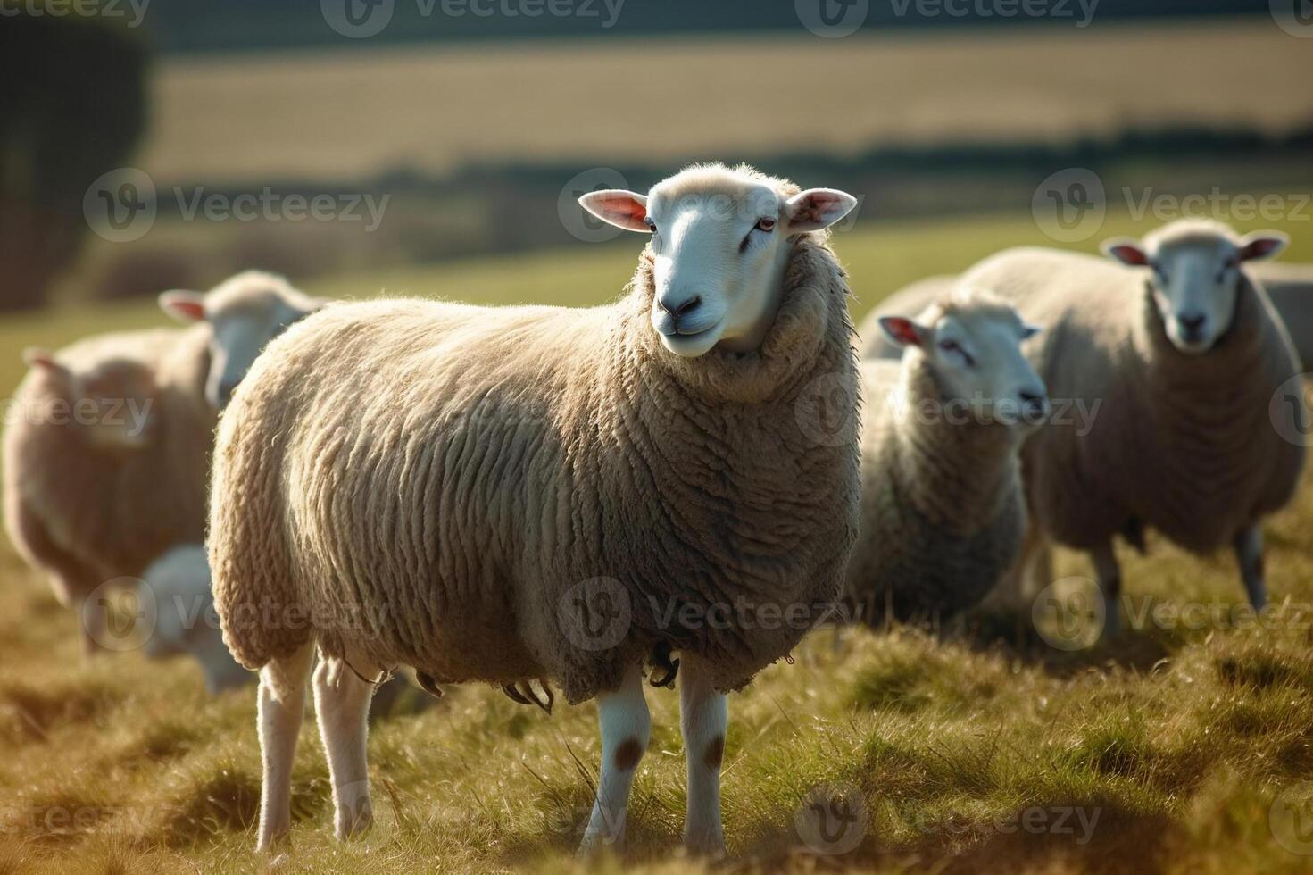 AI generated Serene Sheep Grazing on Lush Pasture Farm in the Countryside. created with Generative AI photo