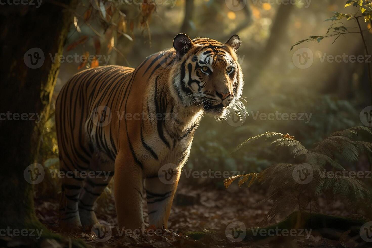 AI generated Majestic tiger standing still in the forest. created with Generative AI photo