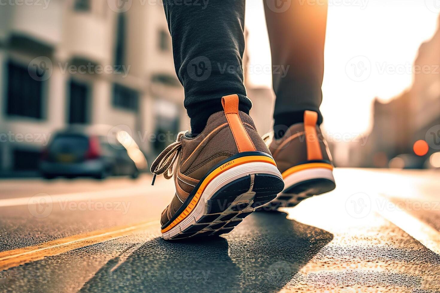 AI generated Urban Stride Close-Up of Man's Sport Sneaker Walking on Street with Confidence. created with Generative AI photo