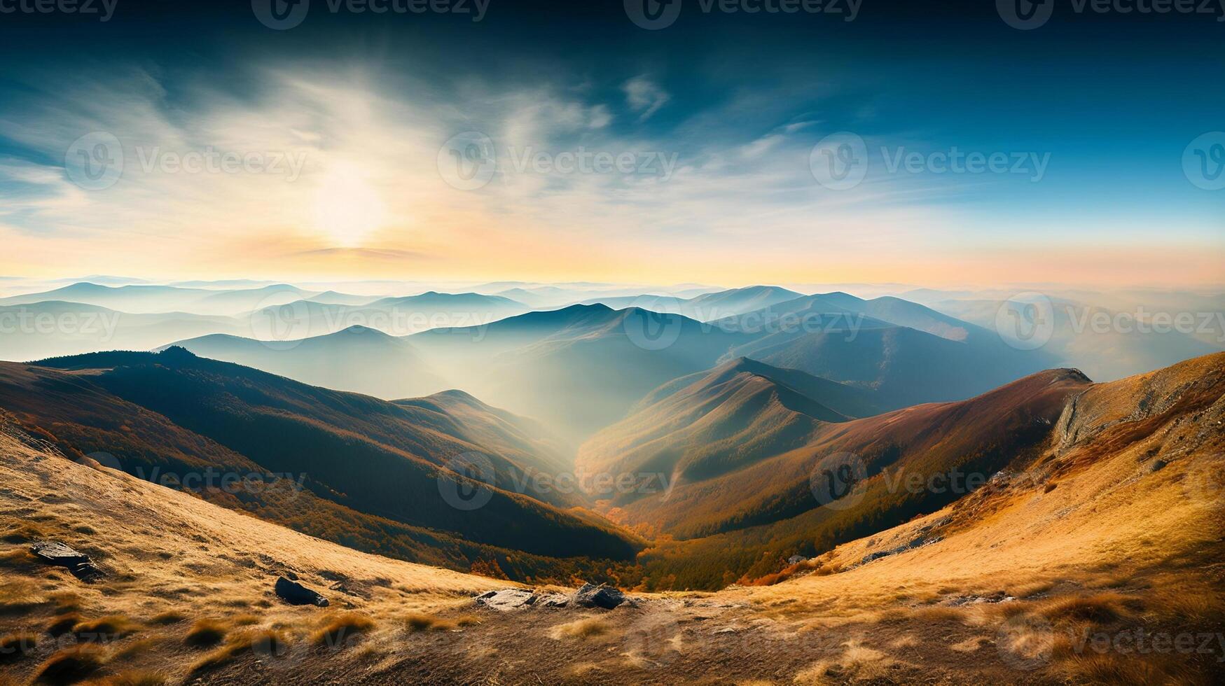 AI generated A Breathtaking View of the Majestic Mountain Landscape at Sunset. created with Generative AI photo