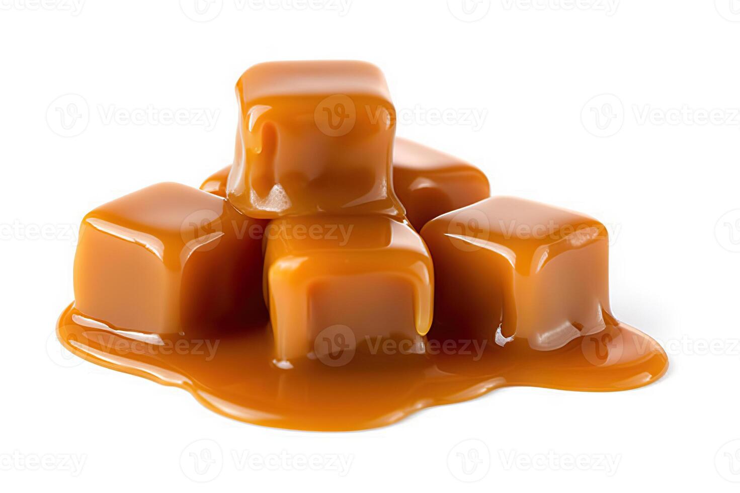 AI generated Delicious Caramel Candies with Caramel Sauce Close-Up on White Background. created with Generative AI photo