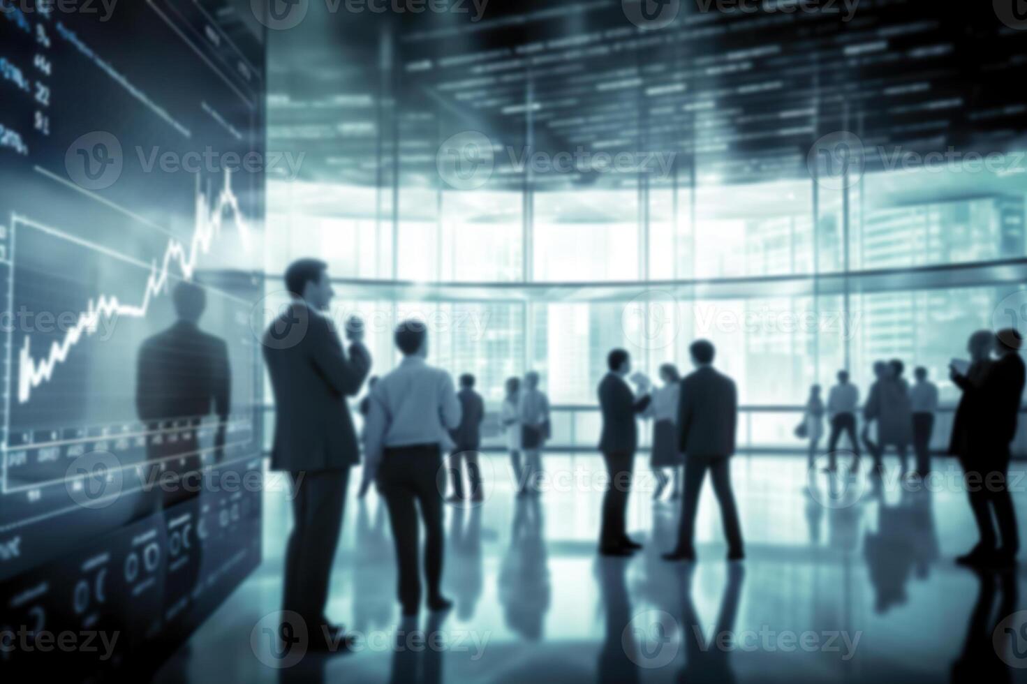 AI generated Blurred Business People in a Modern Office with Real-Time Stock Market Data.created with Generative AI photo