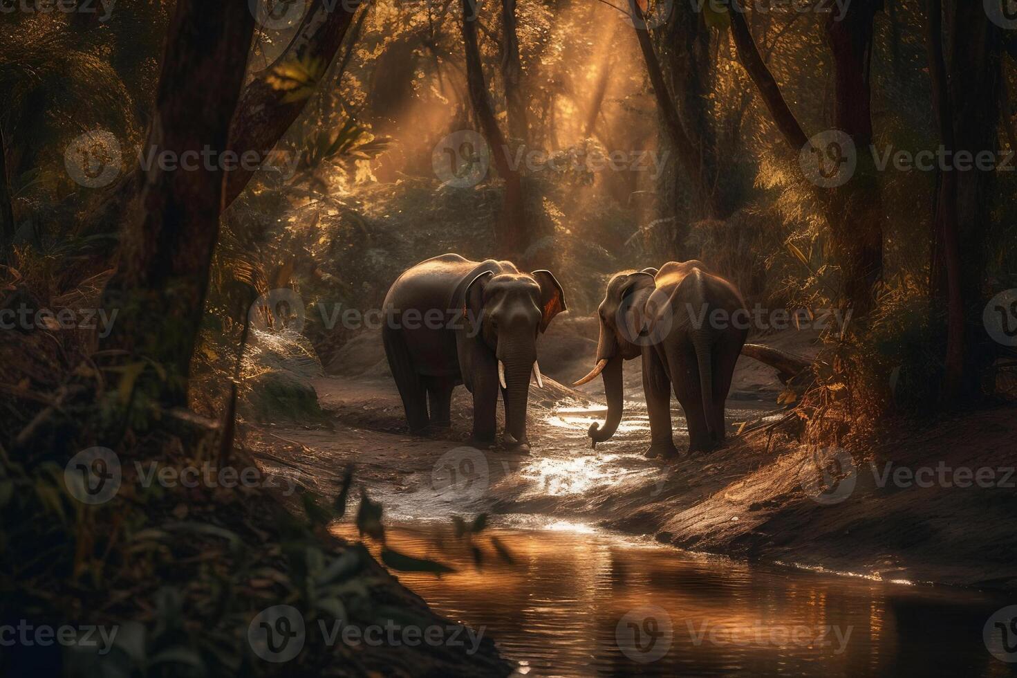 AI generated Elephants in Serene Forest Stream in their Natural Habitat. created with Generative AI photo