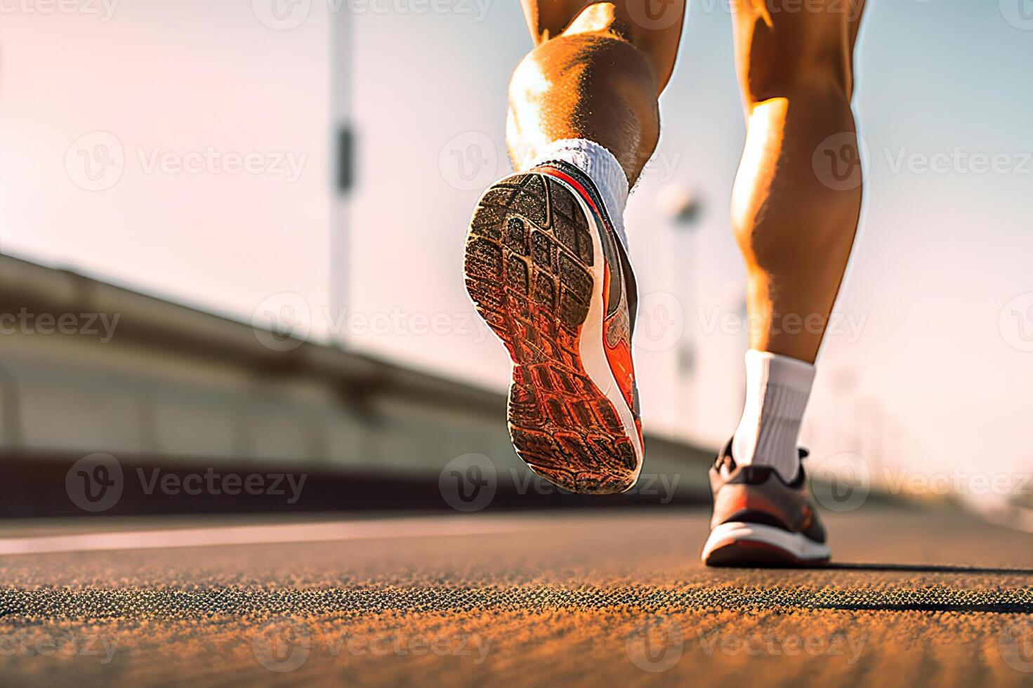 AI generated Close-up of man's sport sneakers and legs in motion. created with Generative AI photo