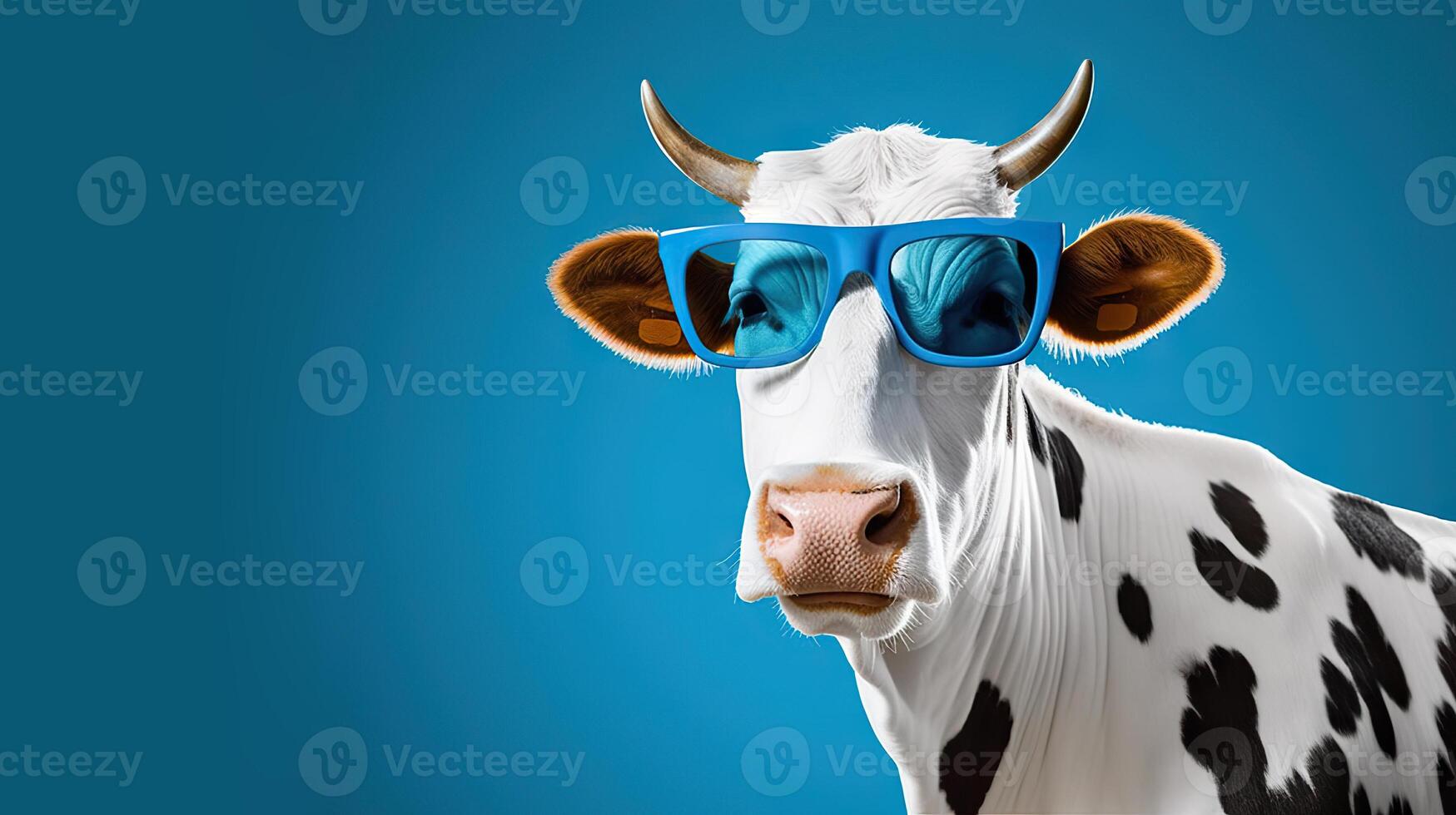 AI generated Chillin' Bovine Hilarious Cow Rocking Sunglasses in the Spotlight of a Vibrant Blue Studio. created with Generative AI photo