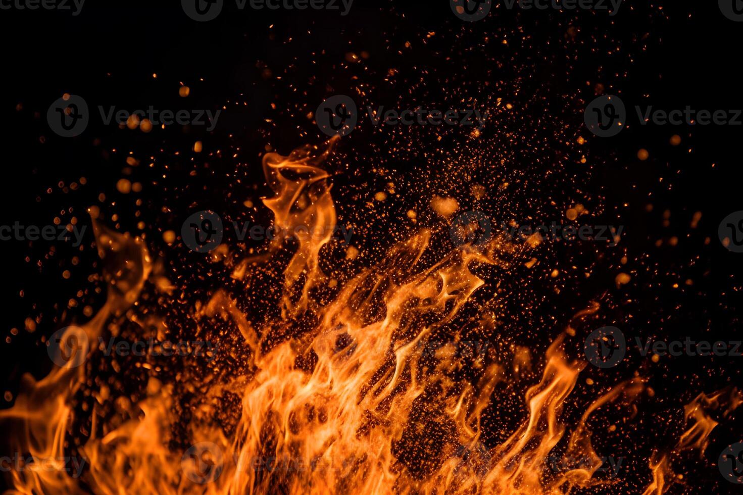 AI generated Fiery sparks on black Details of blazing flames isolated on a dark background. created with Generative AI photo