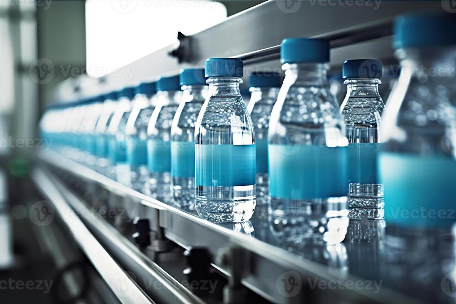 AI generated Production line of bottled beverages in plastic bottles on clean factory floor. created with Generative AI photo