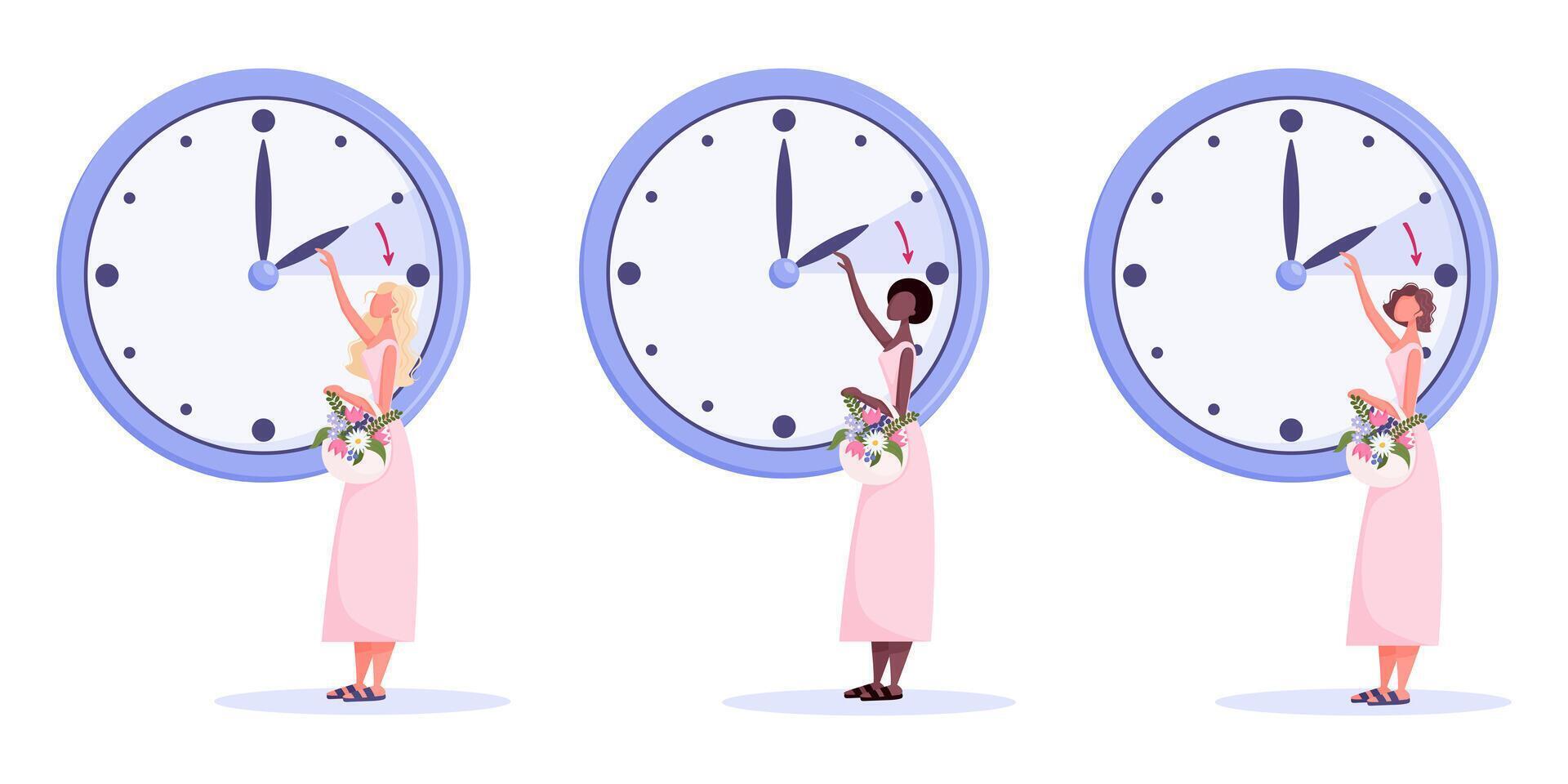 Daylight Saving Time concept. Spring forward vector illustration set. Flat style clock and diverse ethnicity women with flowers in pastel colors.