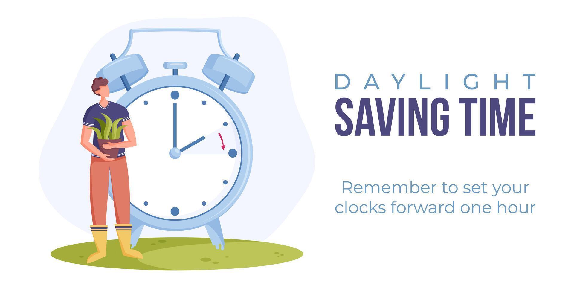 Daylight saving time begins. Spring forward web banner, poster. Vector illustration with alarm clock in minimalist style and man with pot of flower in hands in flat style.