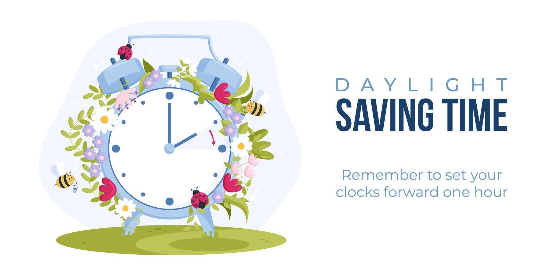 Daylight saving time concept. Spring forward. Clock set to the summertime. Web banner of clock turning hour ahead with spring flowers, bees and ladybugs decoration. vector