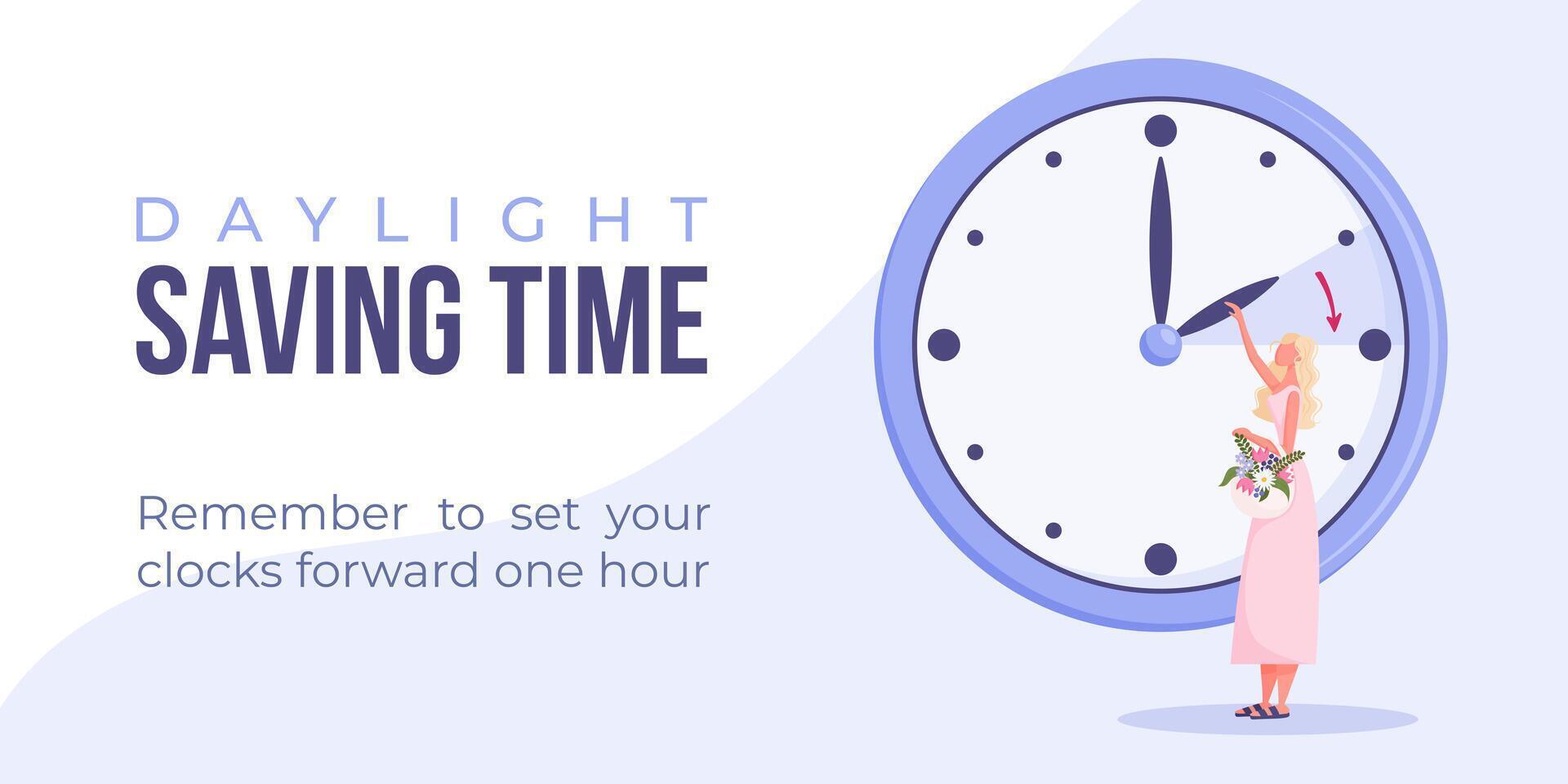 Daylight saving time begins. Spring forward banner, poster. Vector illustration with woman turning clock hour ahead, woman with flowers in bag.