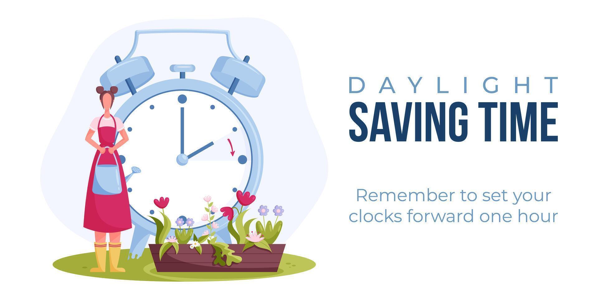 Daylight saving time begins. Spring forward banner, poster. Vector illustration with clock turning hour ahead, woman with watering can water flowers.
