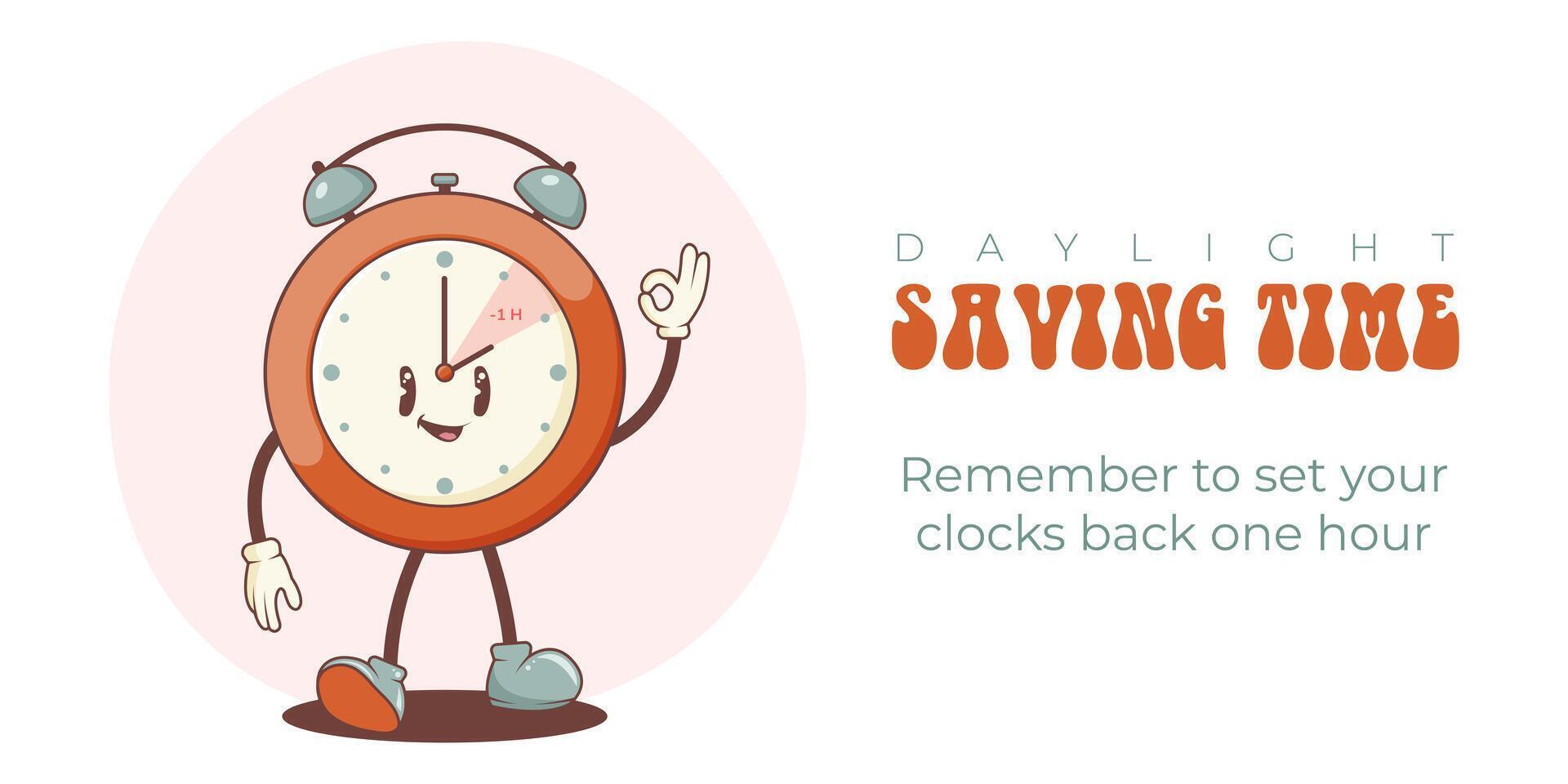 Daylight saving time banner, poster. Fall back concept vector illustration. Trendy 60s-70s groovy style watch, clock smilling and turning hand an hour backward.