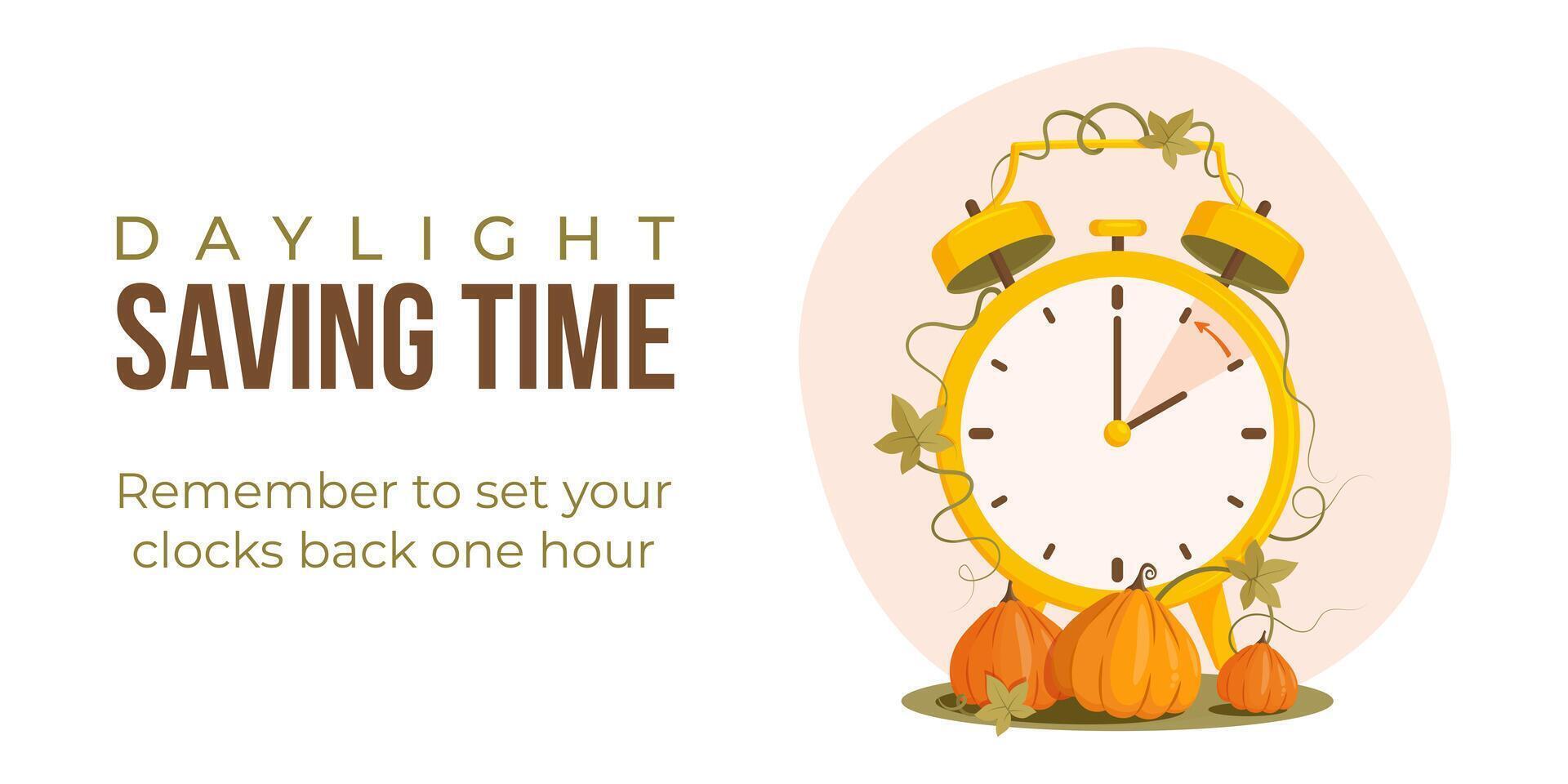 Daylight saving time end concept banner, poster. Fall back time. Clock with pumpkin, time changing to wintertime vector illustration.