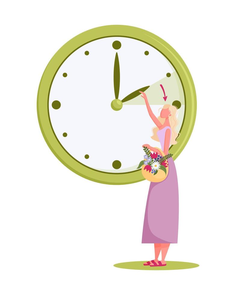 Daylight saving time and clock change to one hour ahead concept. Spring forvard flat style vector illustration with happy girl with flowers changing time.