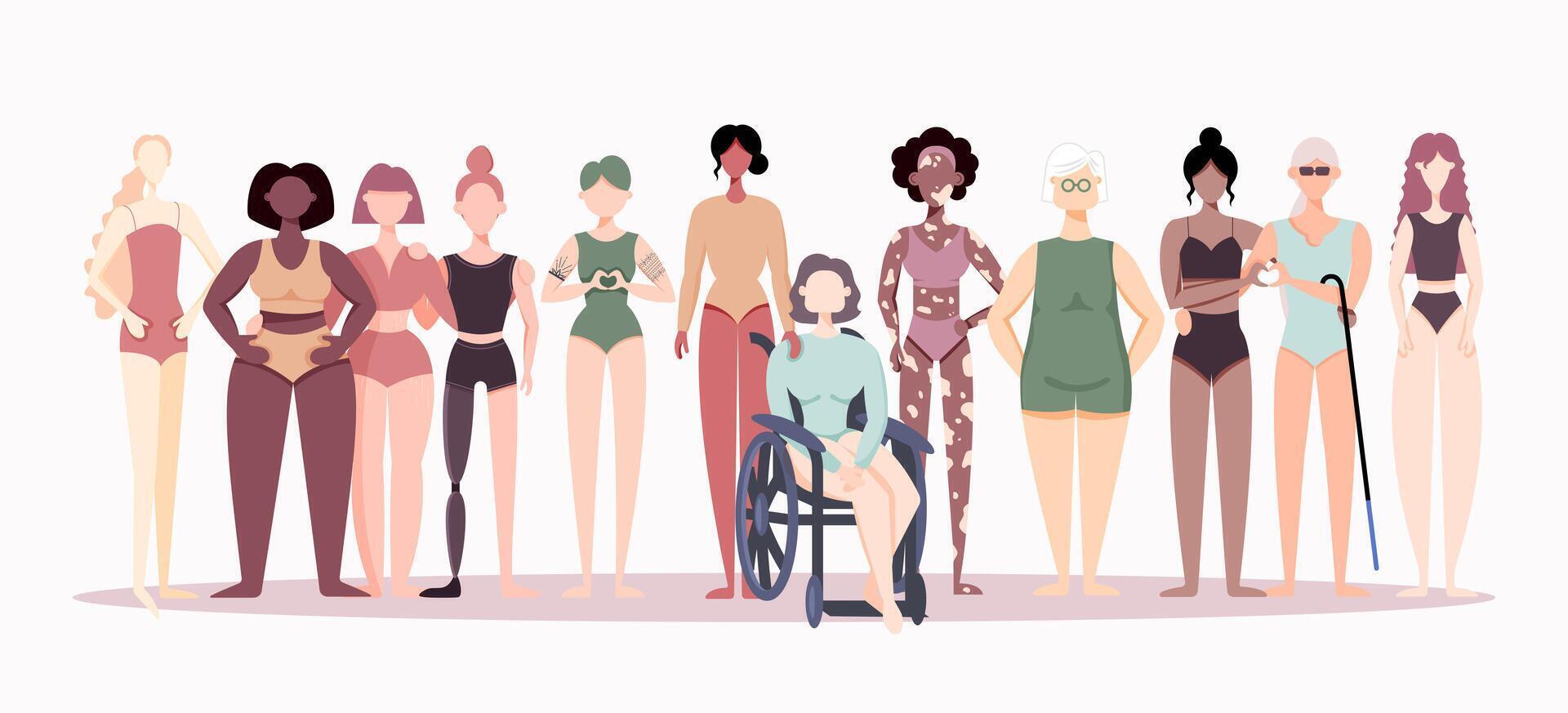 Group of women in different ethnicity, abilities, age, body type, hair color. Vector illustration of diverse women in pastel color underwear. Hand drawn characters in flat style. Body inclusion.