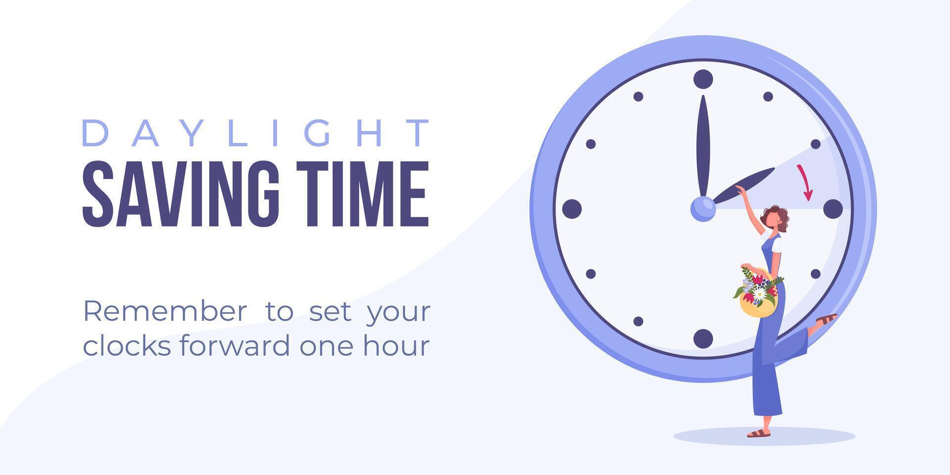 Daylight saving time begins concept. Spring forward web banner, poster. Vector illustration with brunette woman turning clock hour ahead, woman with flowers in bag.