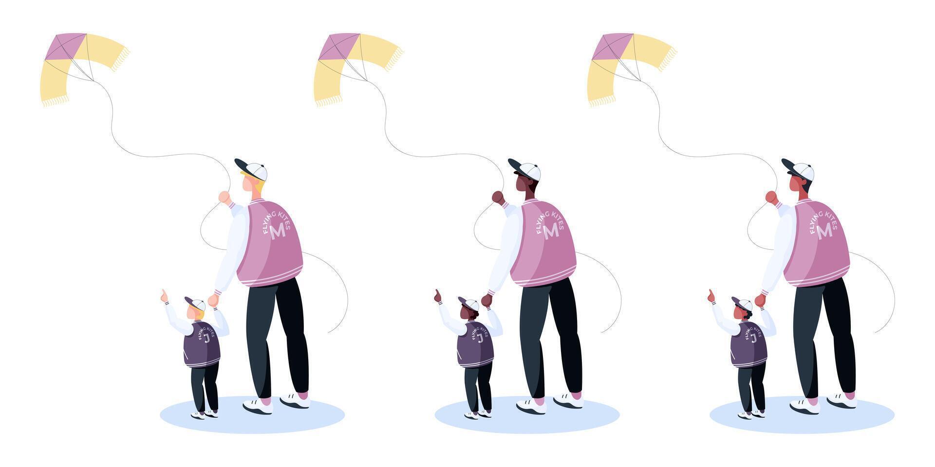 Father and son in baseball jackets flying a kite, outdoor activity. Different ethnicities people set in flat style. Family weekend vector illustration.